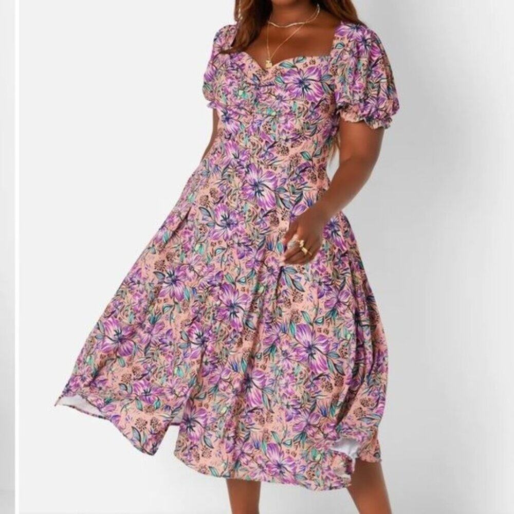 Rebdolls Dress Womens L Dinah Floral Ruched Sweetheart Neck Midi A Line Full